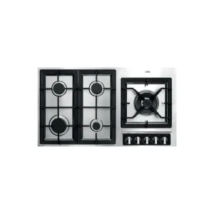 اجاق گاز صفحه ای کن مدل 513M با طراحی استیل و شیشه، پنج شعله، شعله پلوپز در سمت راست و قطعات اصلی ساخت ایتالیا.