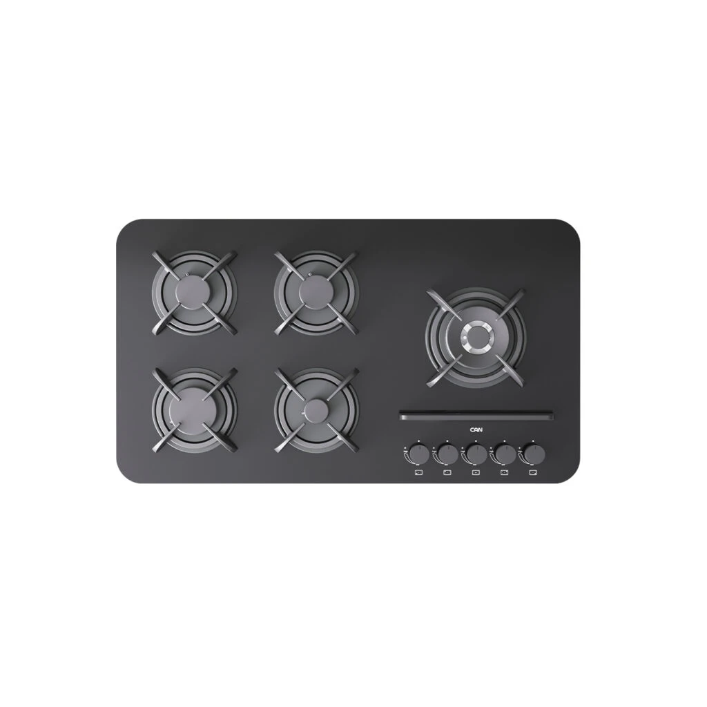 اجاق گاز صفحه‌ای کن مدل پاردیک راست با ۵ شعله و صفحه شیشه‌ای مشکی مقاوم در برابر حرارت و ضربه.