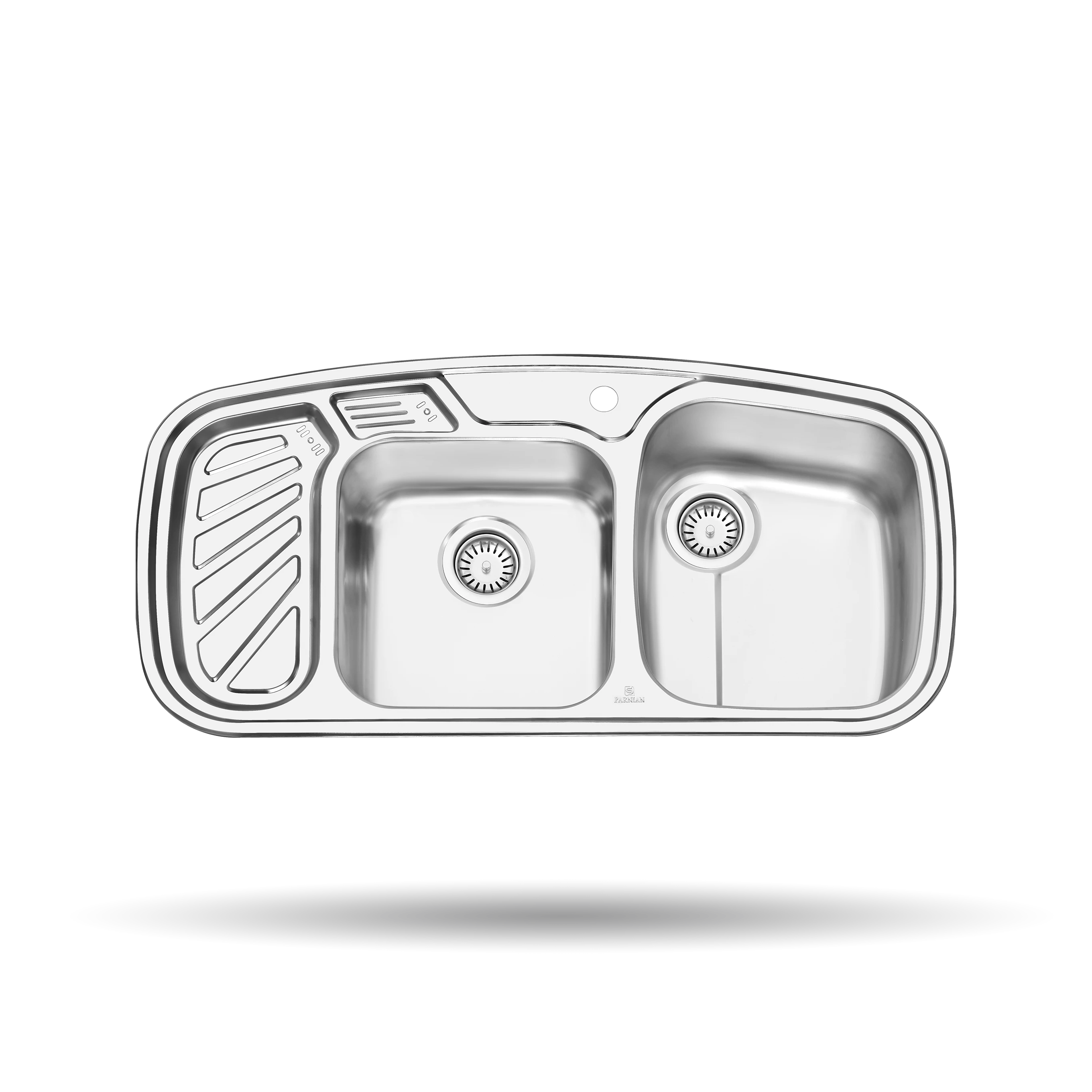 سینک توکار پرنیان مدل PS 1205 با دو لگن استیل ضد زنگ 18/10 و جااسکاچی، مناسب نصب توکار و طراحی کاربردی