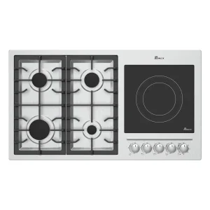 اجاق برقی و گازی بیمکث مدل 0027 با صفحه شیشه سکوریت ایتالیا و استنلس استیل، پنج شعله و ولوم سلکتوری ۸ حالته