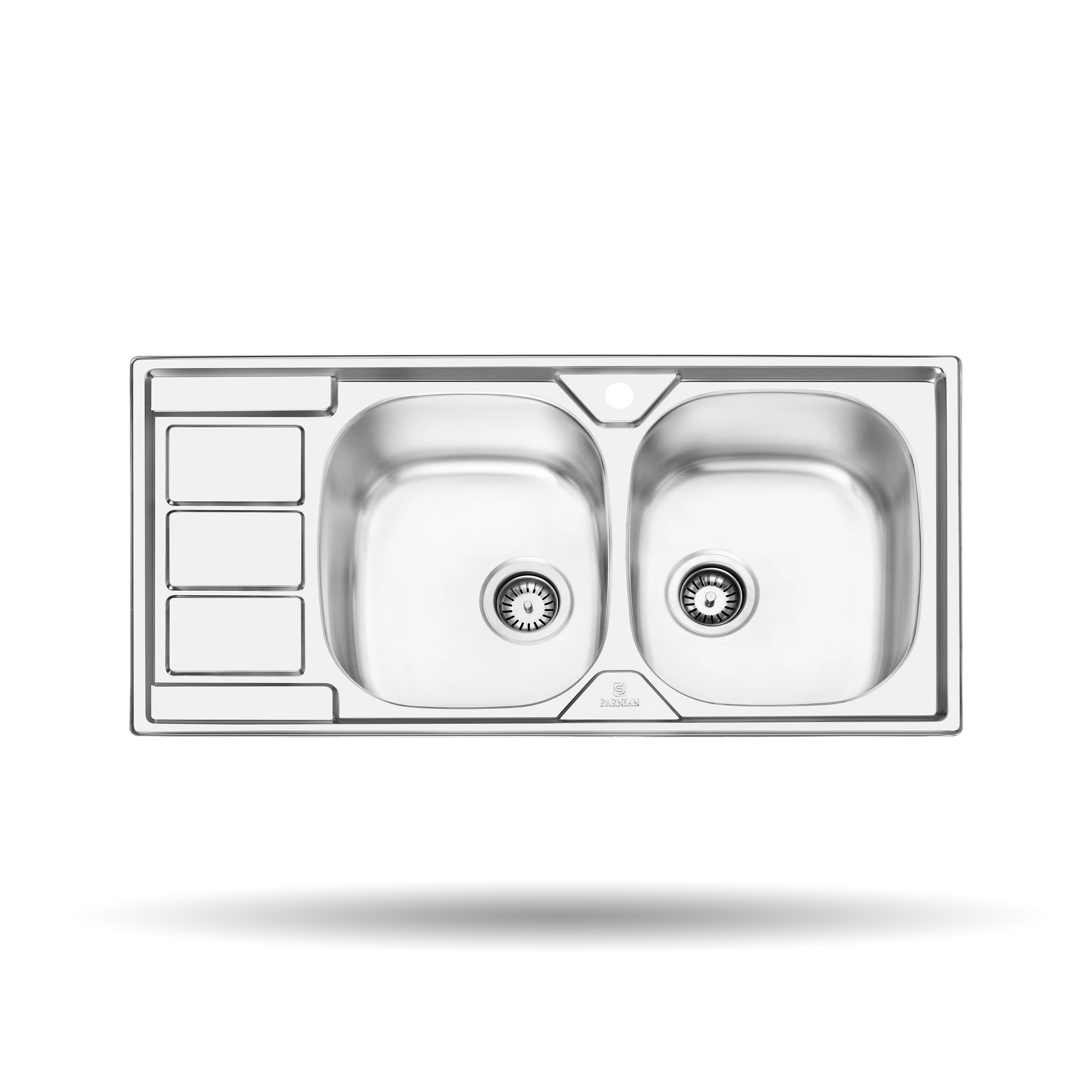 سینک توکار پرنیان مدل PS 1217 ابعاد 100×50 سانتی‌متر، استیل ضد زنگ 18/10، عمق لگن 20 سانتی‌متر، ضخامت 0.8 میلی‌متر، نصب توکار با نوار آب‌بندی PU.