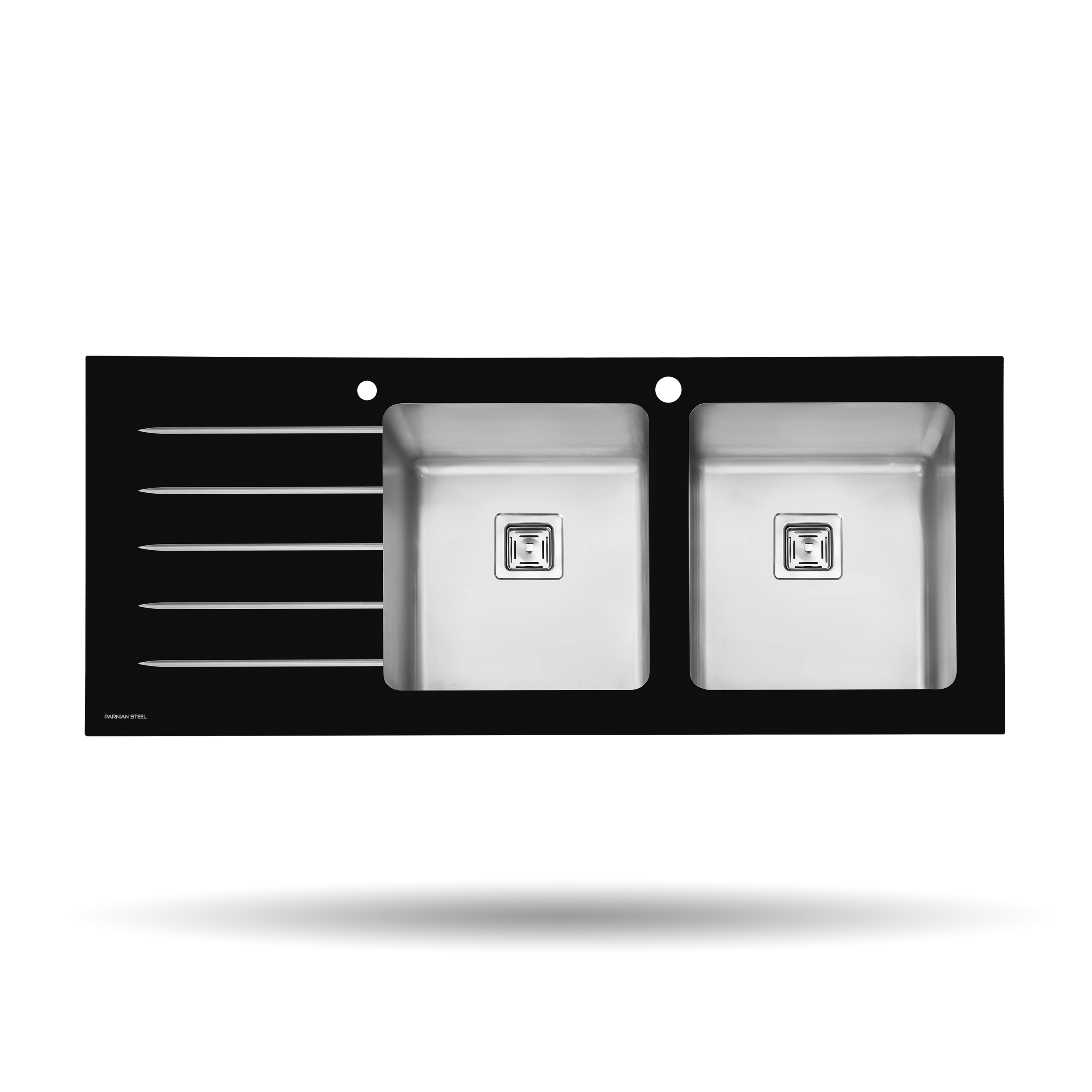 سینک شیشه ای پرنیان مدل PS 4106 توکار با ابعاد 116×52 سانتی‌متر، لگن باکس زاویه‌دار R25، ورق استیل ضد زنگ 18/10 و شیشه سکوریت نشکن.