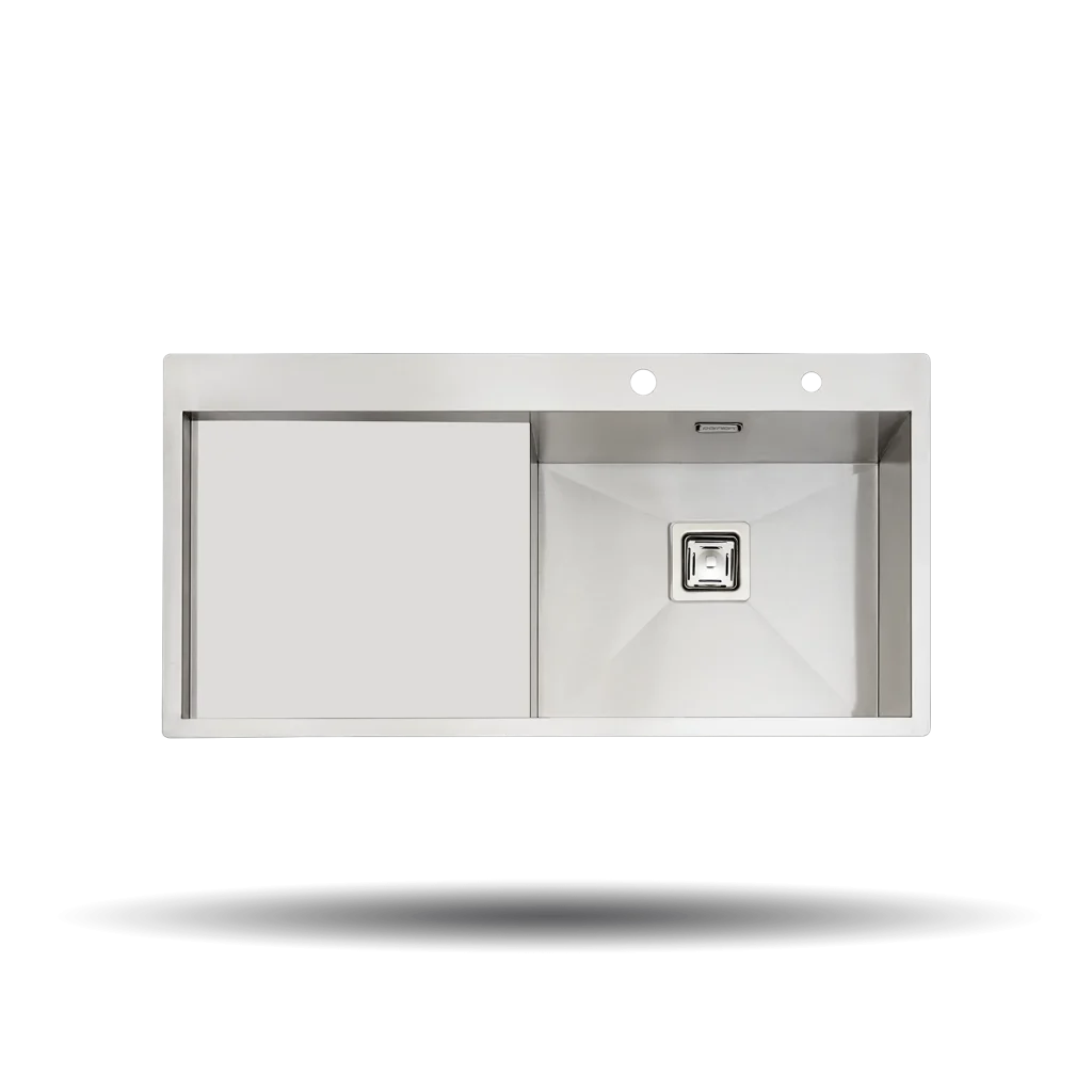 سینک کورینی پرنیان استیل مدل PS 4231 با ابعاد 100×50 سانتی‌متر، استیل ضد زنگ 18/10، لگن باکس زاویه R0، متعلقات تخته ساطور چوبی، سبد فلزی و جامایع.
