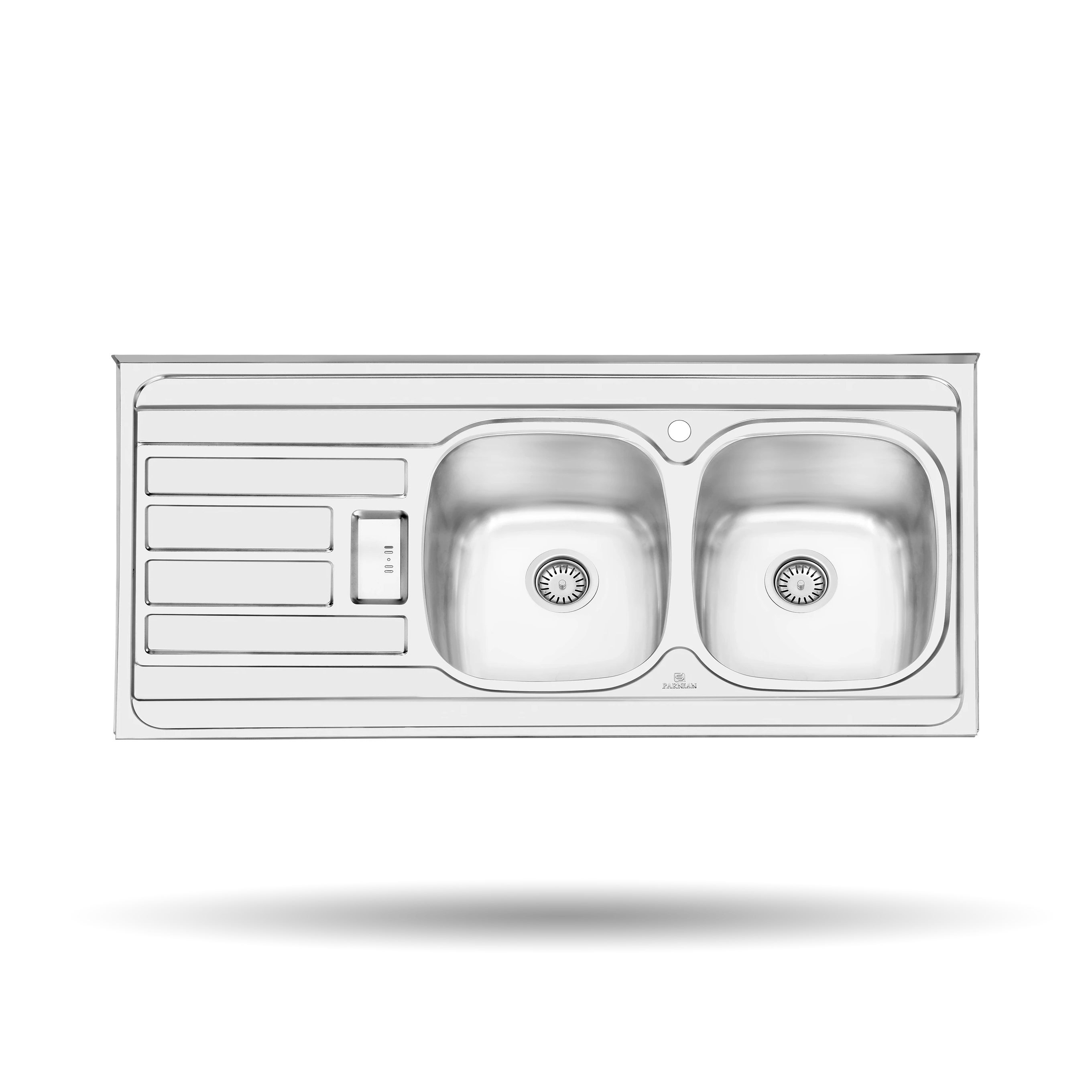 سینک روکار پرنیان مدل PS 1101 استیل ضد زنگ 10-18، ابعاد 120×60 سانتی‌متر، عمق لگن 20 سانتی‌متر، با عایق صدا و ضخامت ورق 0.8 میلی‌متر