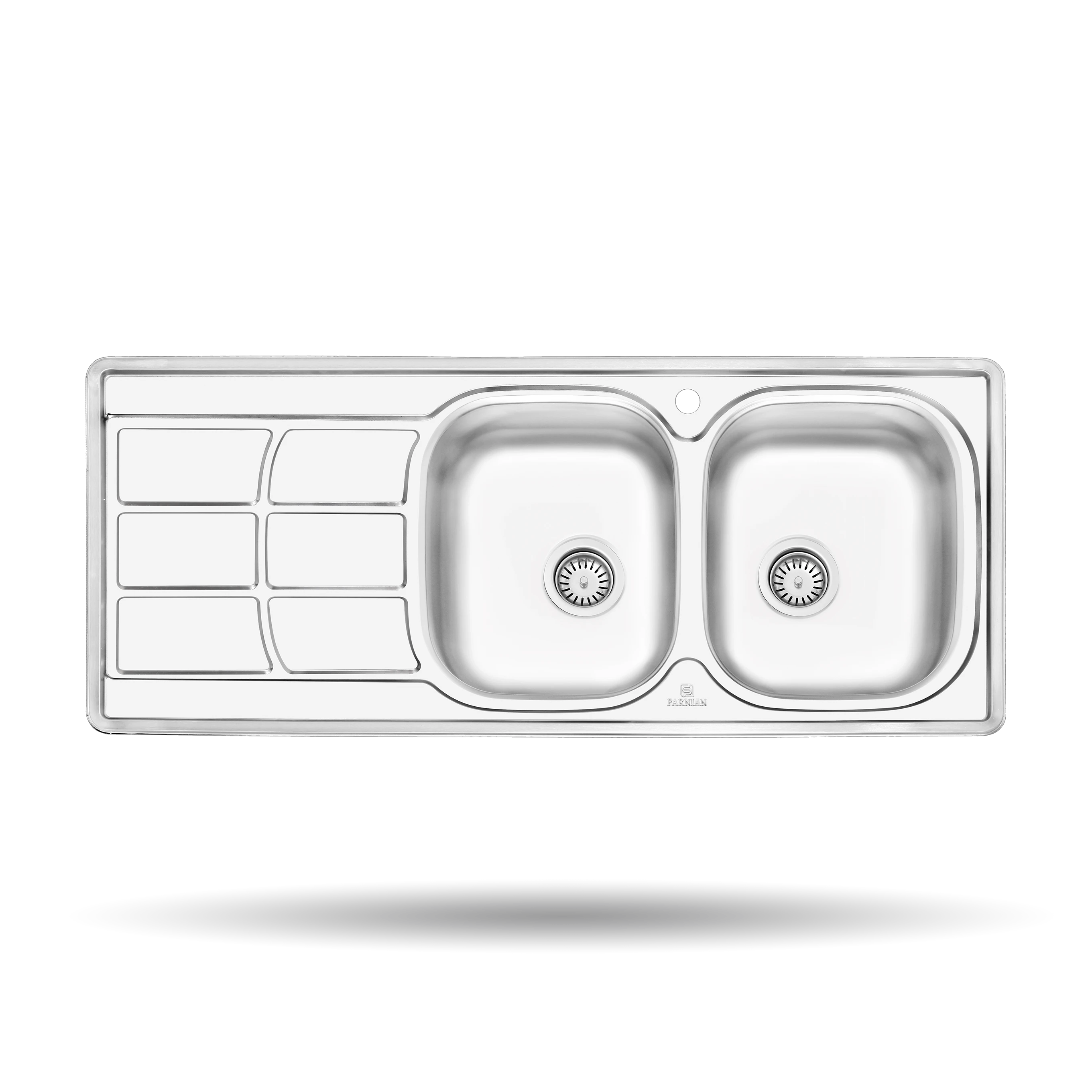 سینک توکار پرنیان مدل PS 2209 استیل ضد زنگ 18/10 با ابعاد 120×50 سانتی‌متر، عمق لگن 15 سانتی‌متر، نوار آب‌بندی PU، عایق صدا و بست‌های با کیفیت.