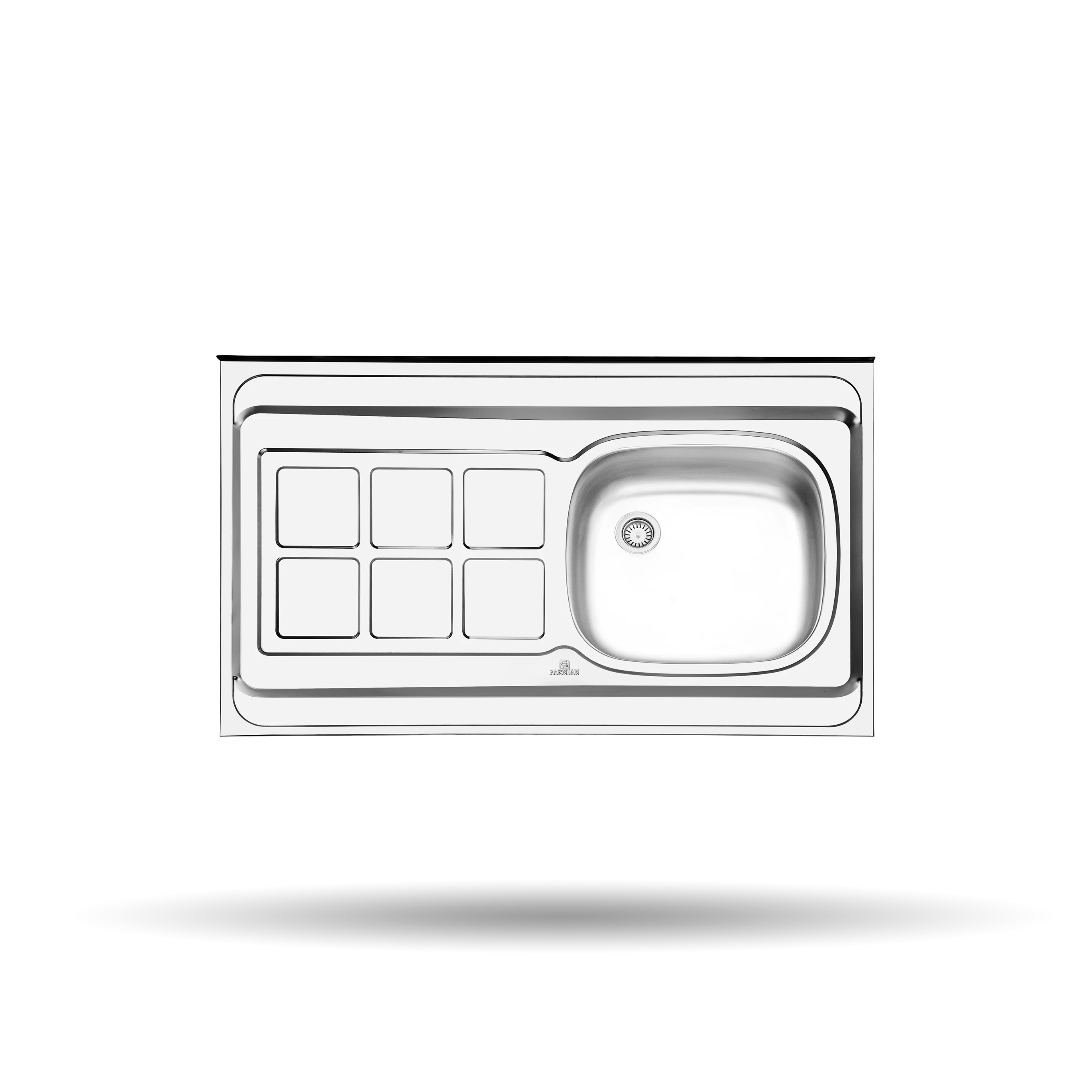 سینک کلاسیک پرنیان استیل مدل PS 3101 از استیل ضد زنگ 10-18 با ابعاد 60 در 100 سانتی‌متر و عمق لگن 13 سانتی‌متر، مجهز به عایق صدا.