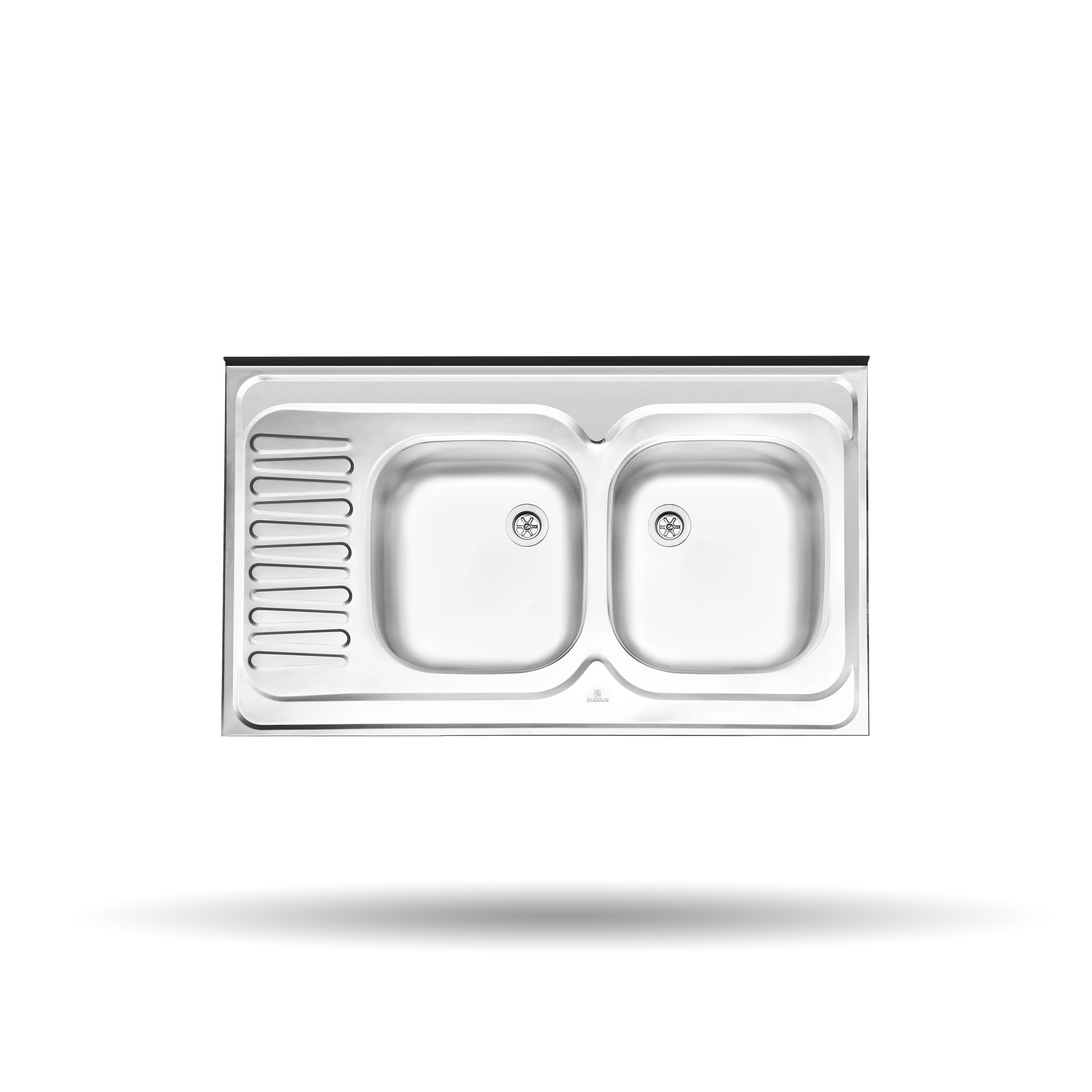 سینک کلاسیک پرنیان استیل مدل PS 3102 از استیل ضد زنگ 10-18 با ابعاد 50 در 100 سانتی‌متر و عمق لگن 13 سانتی‌متر، مجهز به عایق صدا.