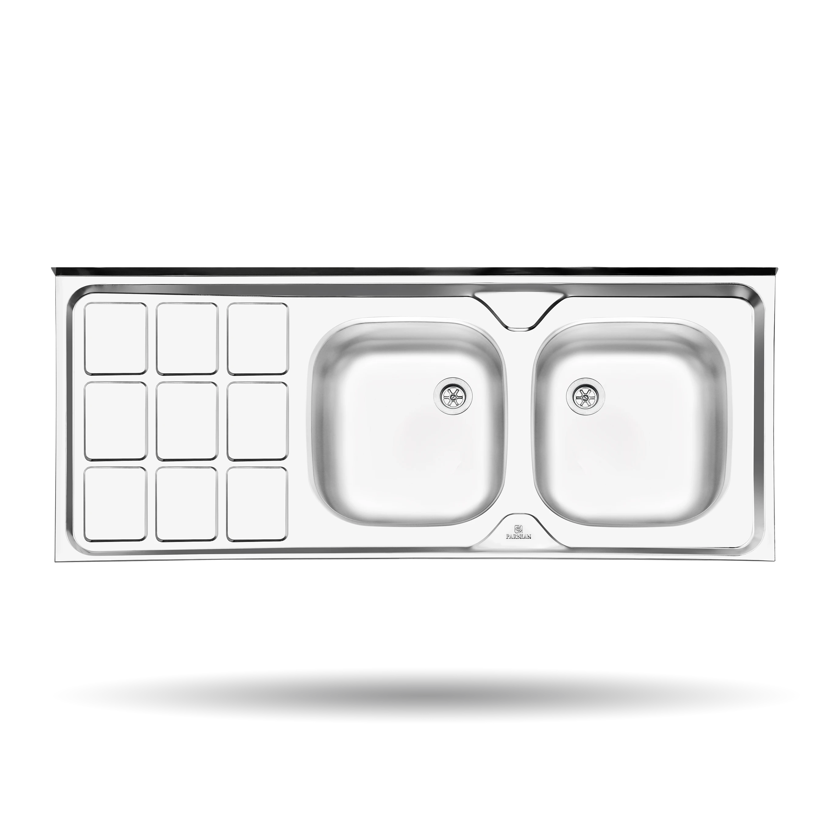 سینک کلاسیک پرنیان استیل مدل PS 3104 با ابعاد 50 در 120 سانتی‌متر، استیل ضد زنگ 10-18، عمق لگن 13 سانتی‌متر، نصب روکار و گارانتی 10 ساله.