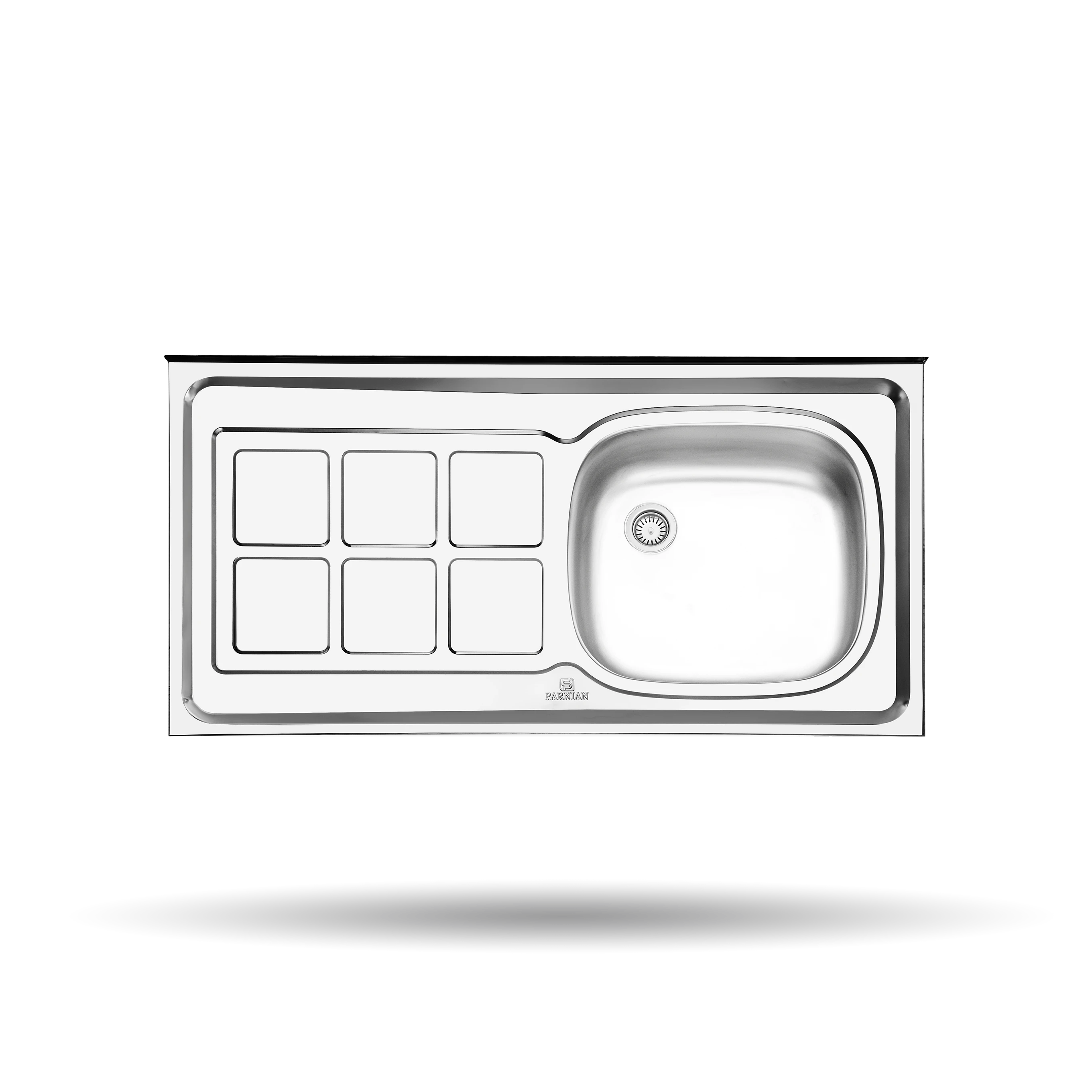 سینک کلاسیک پرنیان استیل مدل PS 3107 سینک روکار استیل ضد زنگ با ابعاد 60 در 100 سانتی‌متر و عمق لگن 13 سانتی‌متر.