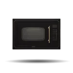 مایکروویو پرنیان استیل مدل PM 3301 با گریل کوارتز، دستگیره طلایی کلاسیک و ظرفیت 25 لیتر، مجهز به صفحه نمایش دیجیتال و کنترل لمسی.