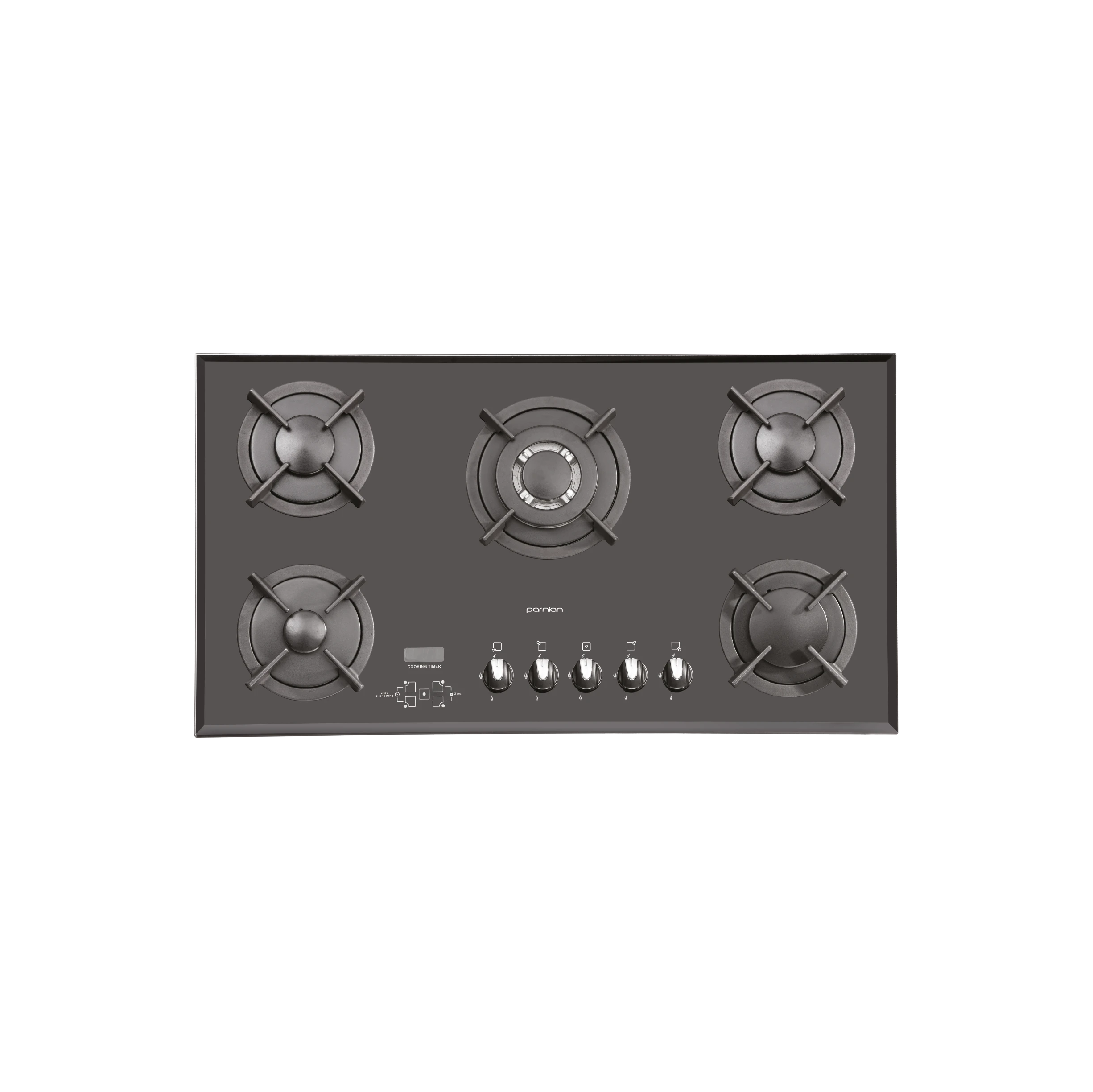 اجاق گاز صفحه‌ای پرنیان استیل مدل PB 5207 D با صفحه شیشه سکوریت، پلوپز WOK وسط، تایمر دیجیتال و ولوم باکالیت نسوز.