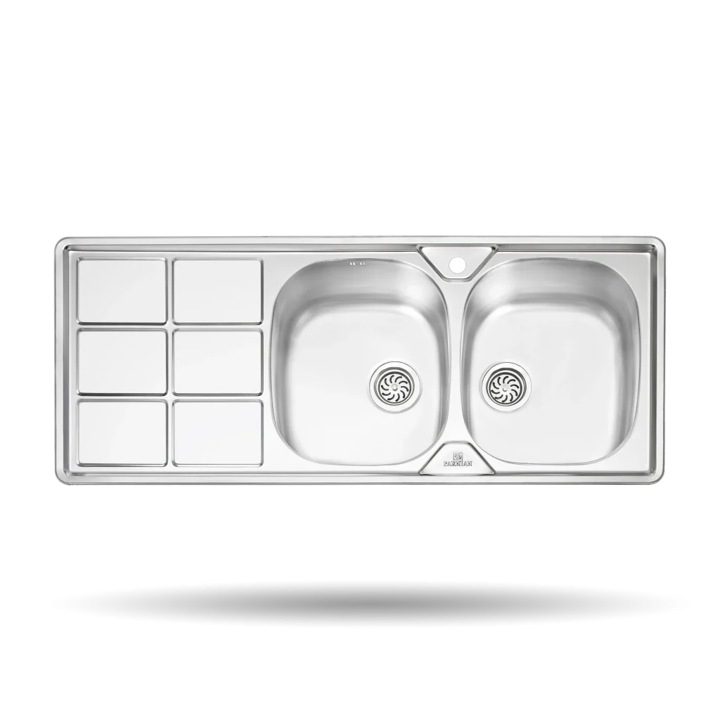 سینک توکار پرنیان مدل PS 1224 استیل ضد زنگ 10-18، ابعاد 120×50 سانتی‌متر، عمق لگن 22 سانتی‌متر، مجهز به نوار آب‌بندی PU و عایق صدا