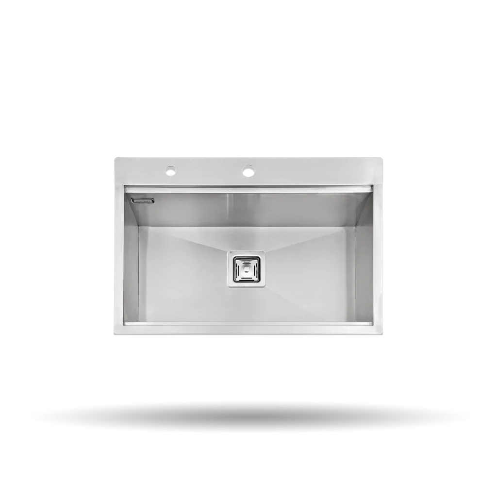 سینک کورینی پرنیان استیل مدل PS 4208 با لگن باکس R0، استیل ضد زنگ 18/10، عایق صدا، جای شیر، تخته ساطور، جا مایع، رول خشک‌کن و صافی کشویی.