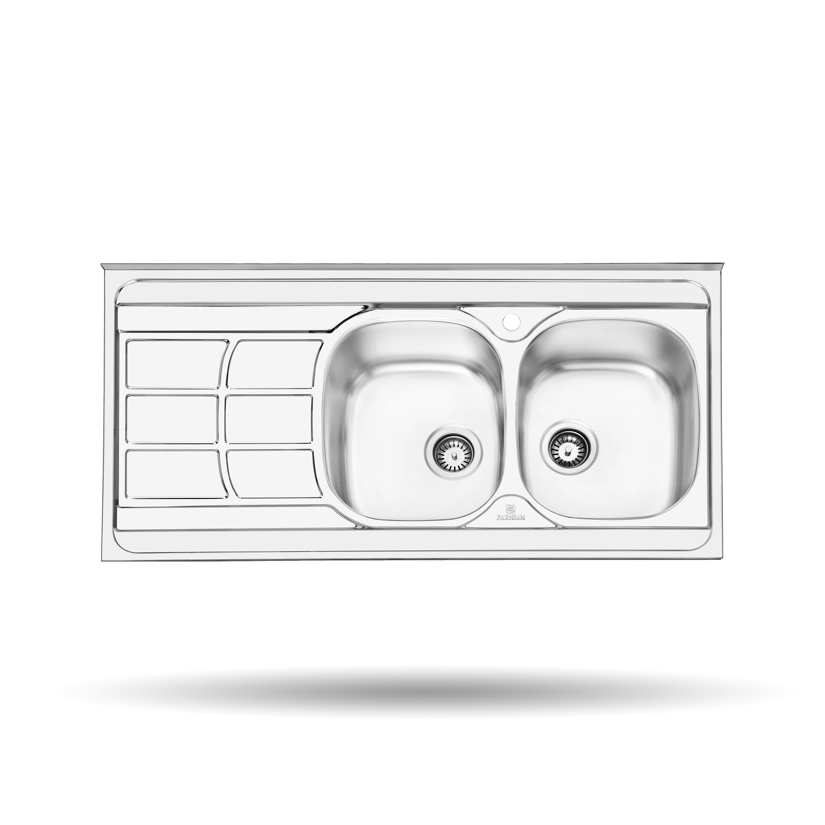 سینک روکار پرنیان مدل PS 1109 استیل ضد زنگ 18/10، ابعاد 120×60 سانتی‌متر، عمق لگن 22 سانتی‌متر، مجهز به عایق صدا و بسته‌بندی مقاوم