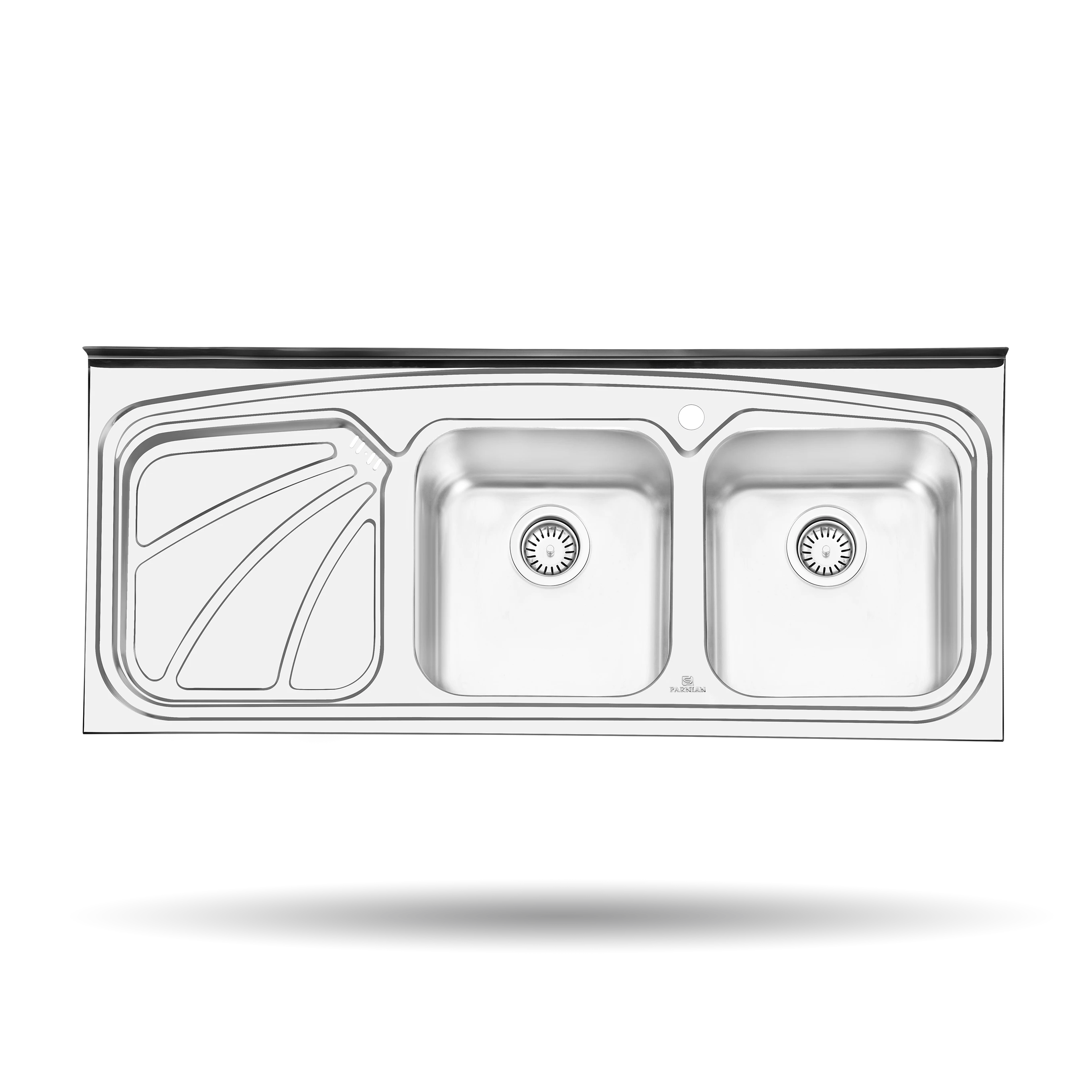 سینک روکار پرنیان مدل PS 1110 استیل ضد زنگ 18/10، ابعاد 120×50 سانتی‌متر، عمق لگن 20 سانتی‌متر، مجهز به عایق صدا و بسته‌بندی مقاوم