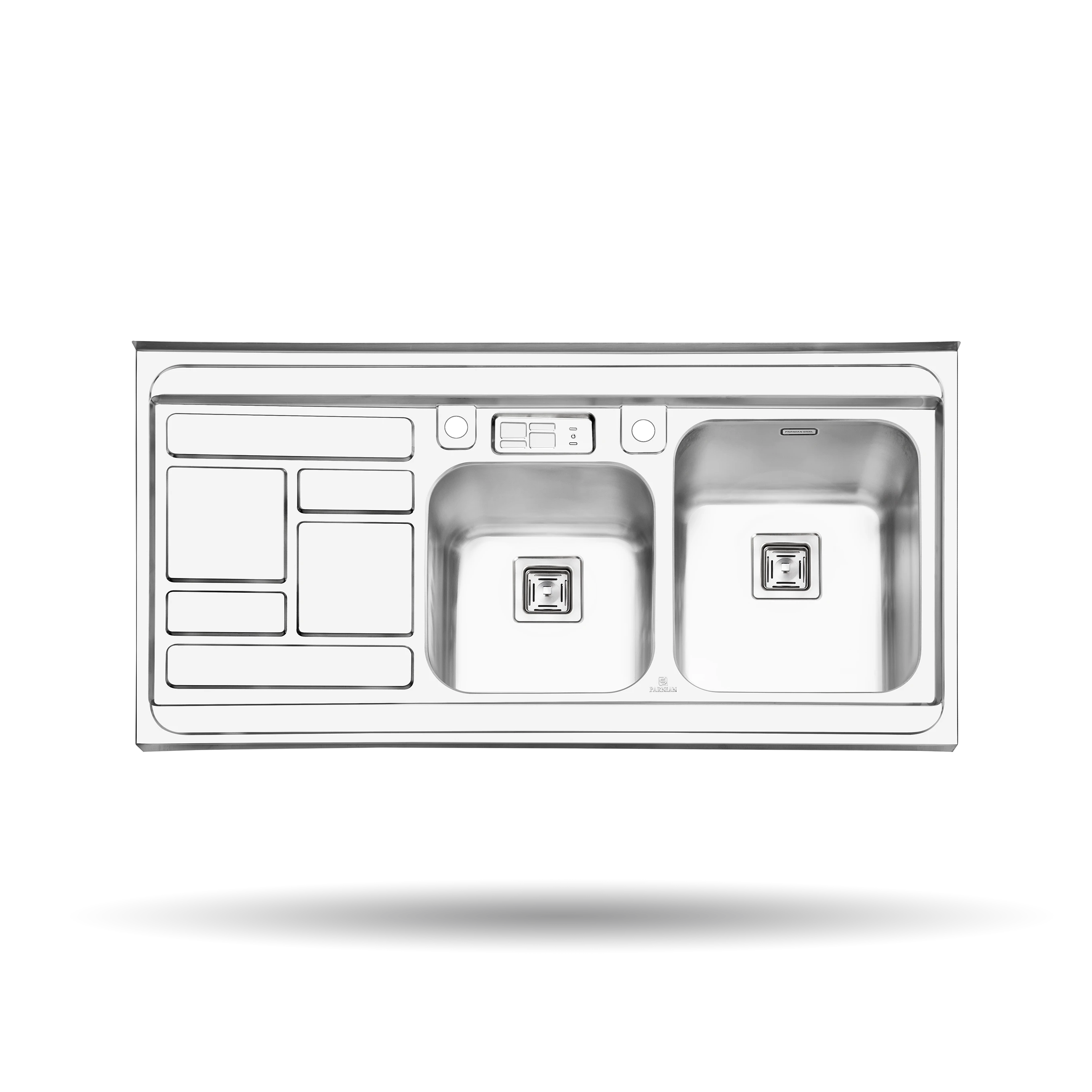 سینک روکار پرنیان مدل PS 1111 استیل ضد زنگ 18/10، ابعاد 120×60 سانتی‌متر، عمق لگن 20 سانتی‌متر، باکسی، دارای جا اسکاچی و جا مایع، عایق صدا