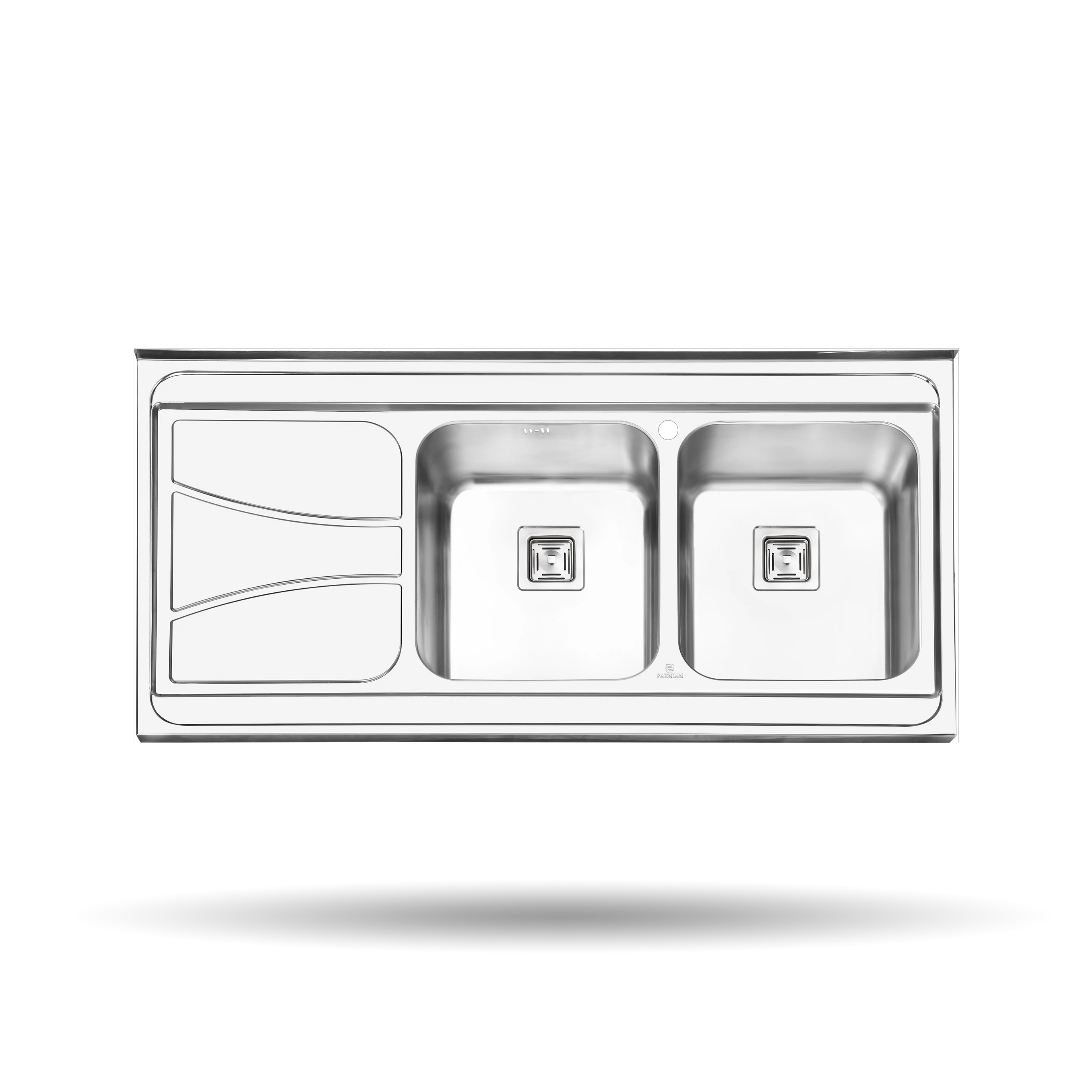 سینک روکار پرنیان مدل PS 1112 استیل ضد زنگ 18/10 با ضخامت 1 میلی‌متر، ابعاد 120×60 سانتی‌متر، عمق لگن 20 سانتی‌متر، طراحی باکس با زاویه R25، عایق صدا
