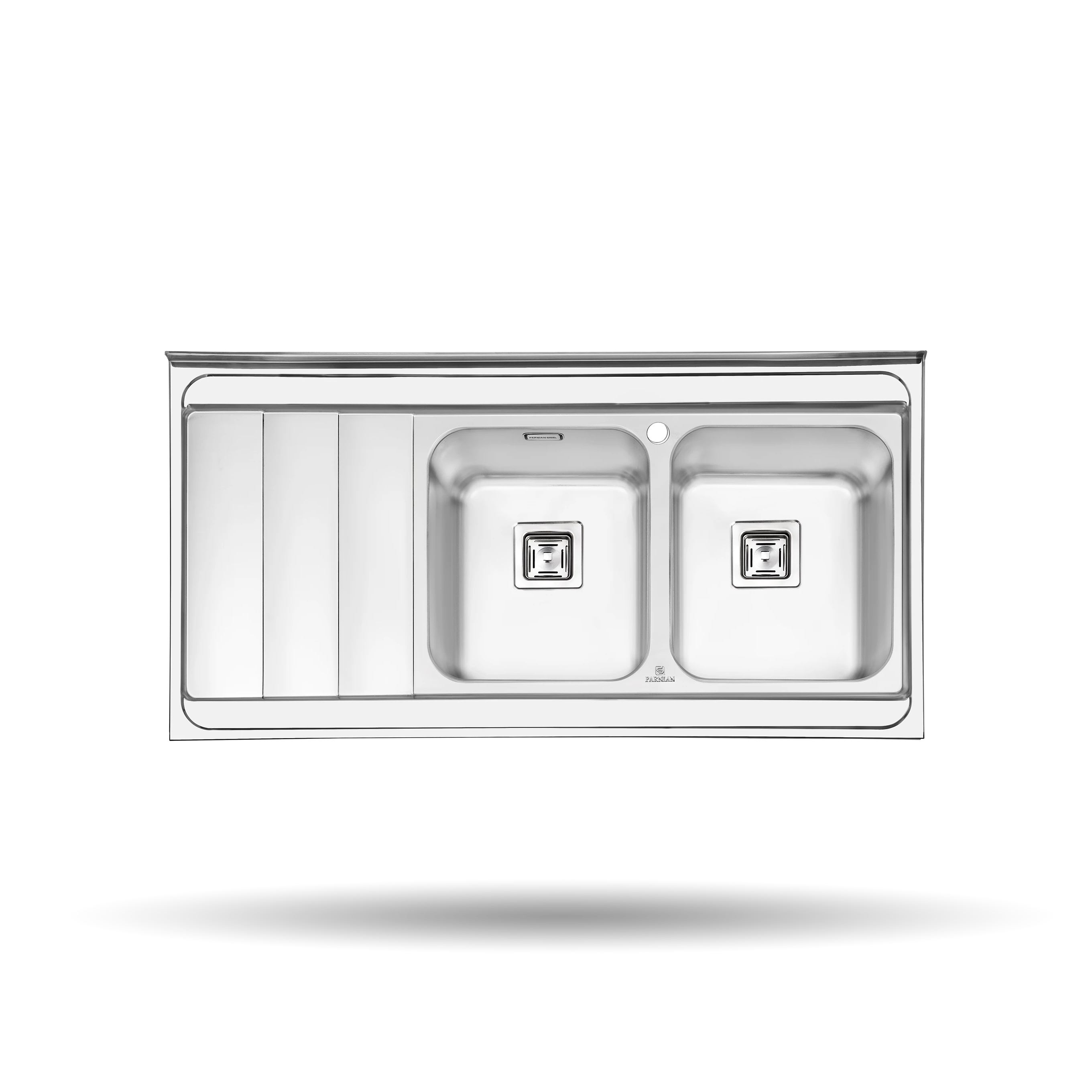 سینک روکار پرنیان مدل PS 1121 استیل ضد زنگ 18/10 با ابعاد 120×60 سانتی‌متر، عمق لگن 20 سانتی‌متر و زاویه لگن R60.