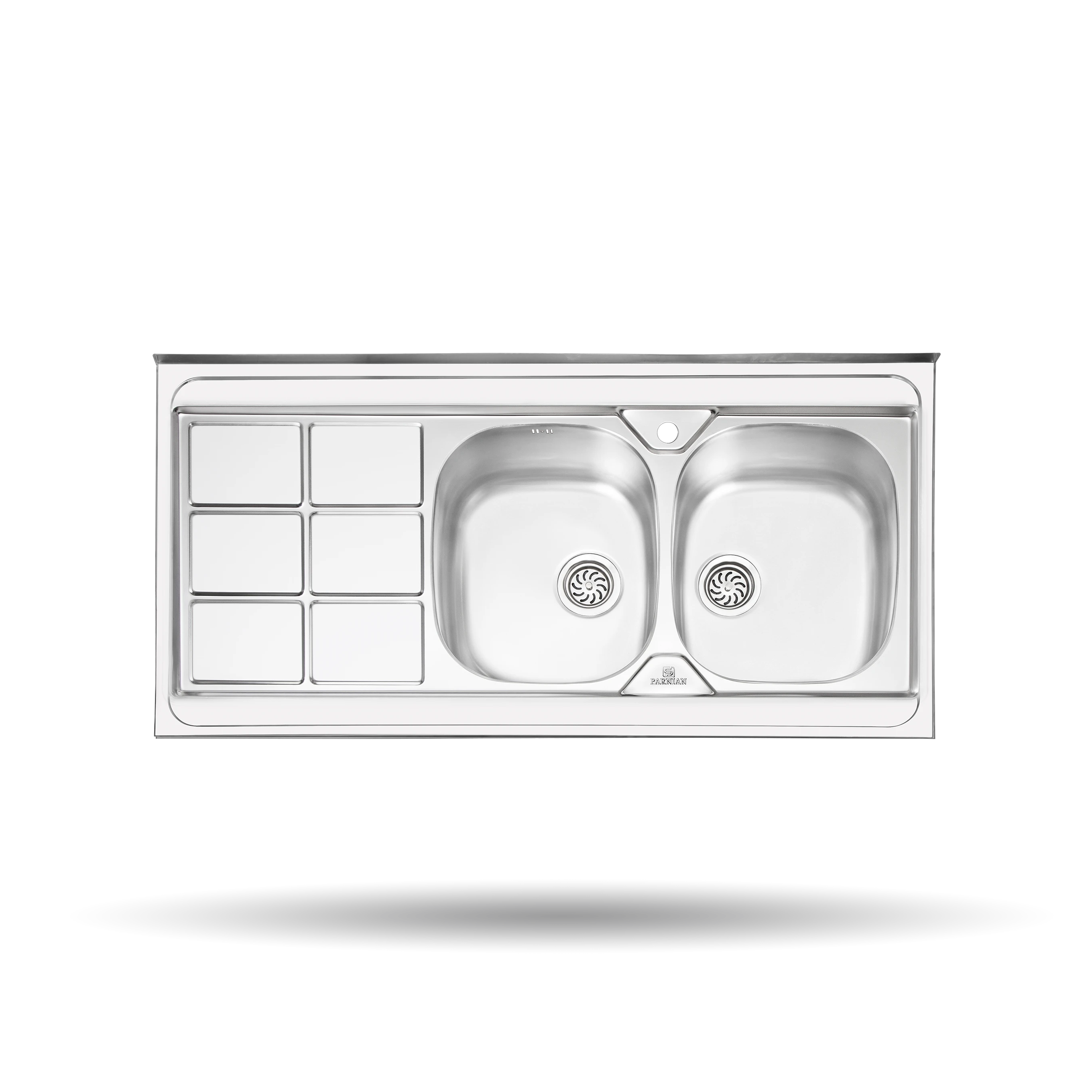 سینک روکار پرنیان مدل PS 1124 استیل ضد زنگ 18/10 با ابعاد 120×60 سانتی‌متر، عمق لگن 22 سانتی‌متر، عایق صدا و بسته‌بندی مقاوم.