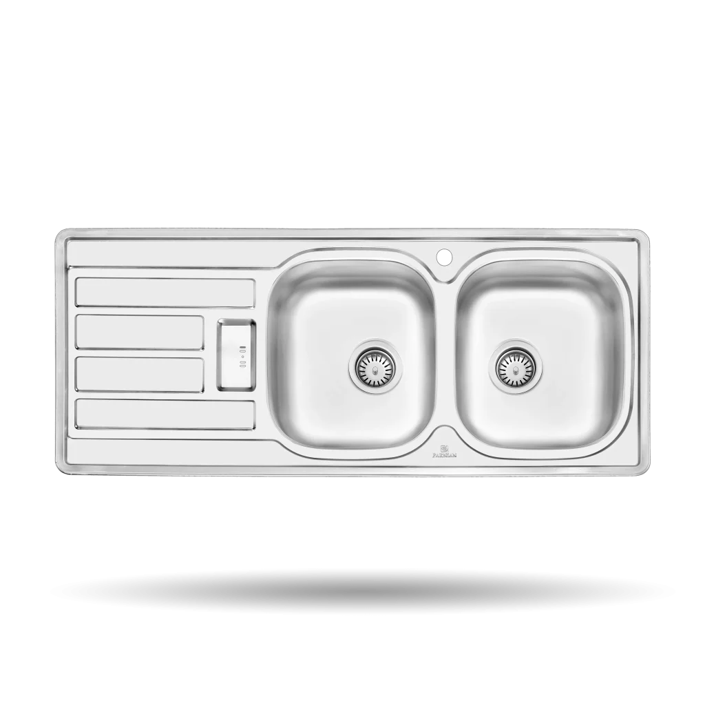 سینک توکار پرنیان مدل PS 2201 استیل ضد زنگ 18/10 با ابعاد 120×50 سانتی‌متر، عمق لگن 15 سانتی‌متر، نوار آب‌بندی PU، عایق صدا و بست‌های با کیفیت.