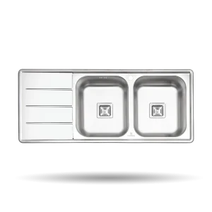 سینک توکار پرنیان مدل PS 2210 استیل ضد زنگ 18/10 با ابعاد 120×50 سانتی‌متر، عمق لگن 17 سانتی‌متر، کف‌شور مربعی، نوار آب‌بندی PU و عایق صدا.