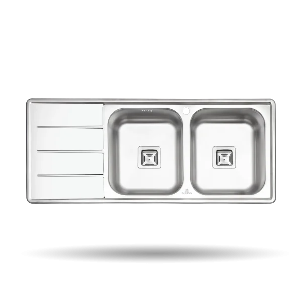 سینک توکار پرنیان مدل PS 2210 استیل ضد زنگ 18/10 با ابعاد 120×50 سانتی‌متر، عمق لگن 17 سانتی‌متر، کف‌شور مربعی، نوار آب‌بندی PU و عایق صدا.