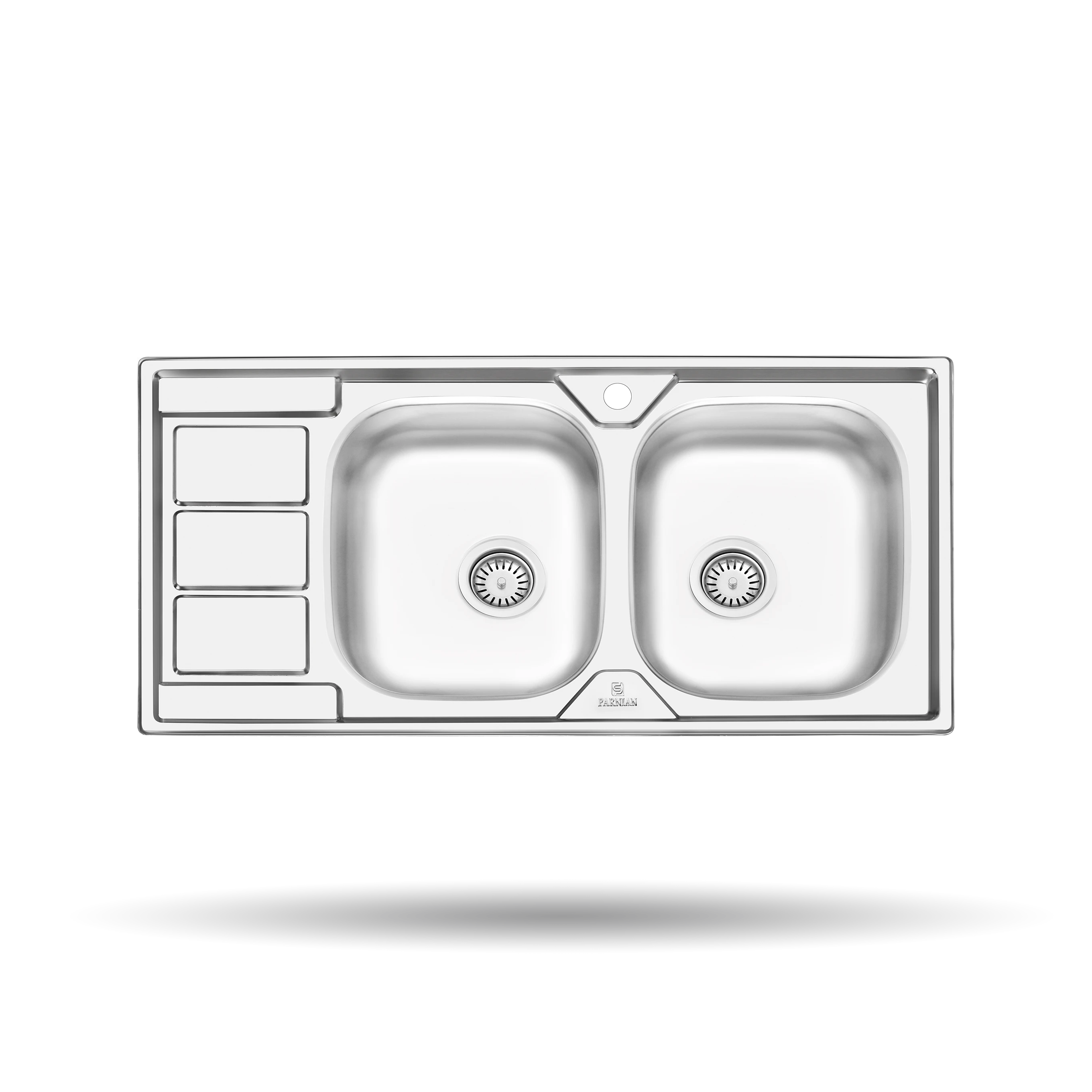 سینک توکار پرنیان مدل PS 2211 استیل ضد زنگ 18/10 با ابعاد 100×50 سانتی‌متر، عمق لگن 14 سانتی‌متر، عایق صدا و نوار آب‌بندی PU.
