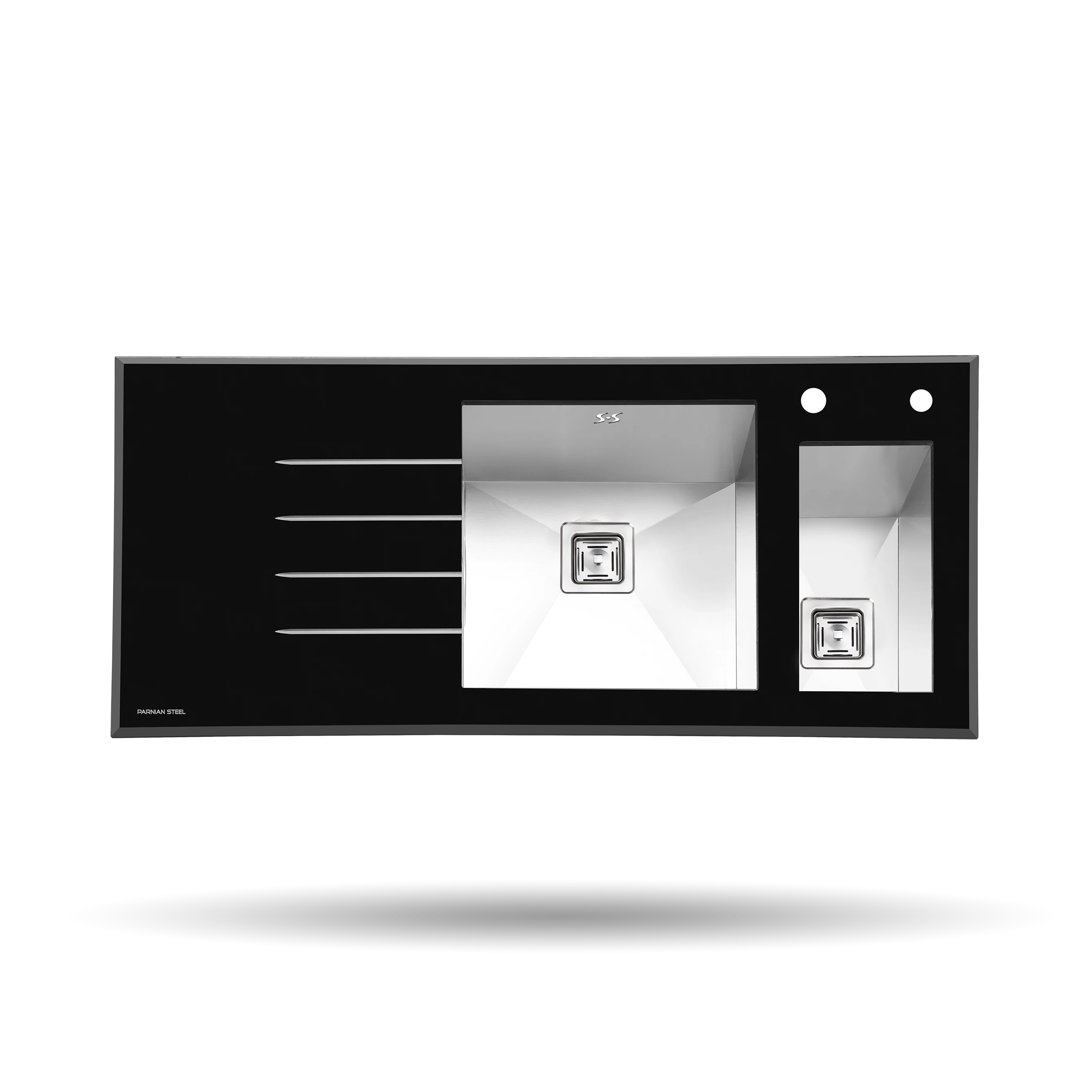 سینک شیشه ای پرنیان مدل PS 4103 توکار با ابعاد 116×52 سانتی‌متر، لگن باکس دست‌ساز، شیشه سکوریت نشکن و استیل ضد زنگ 18/10.