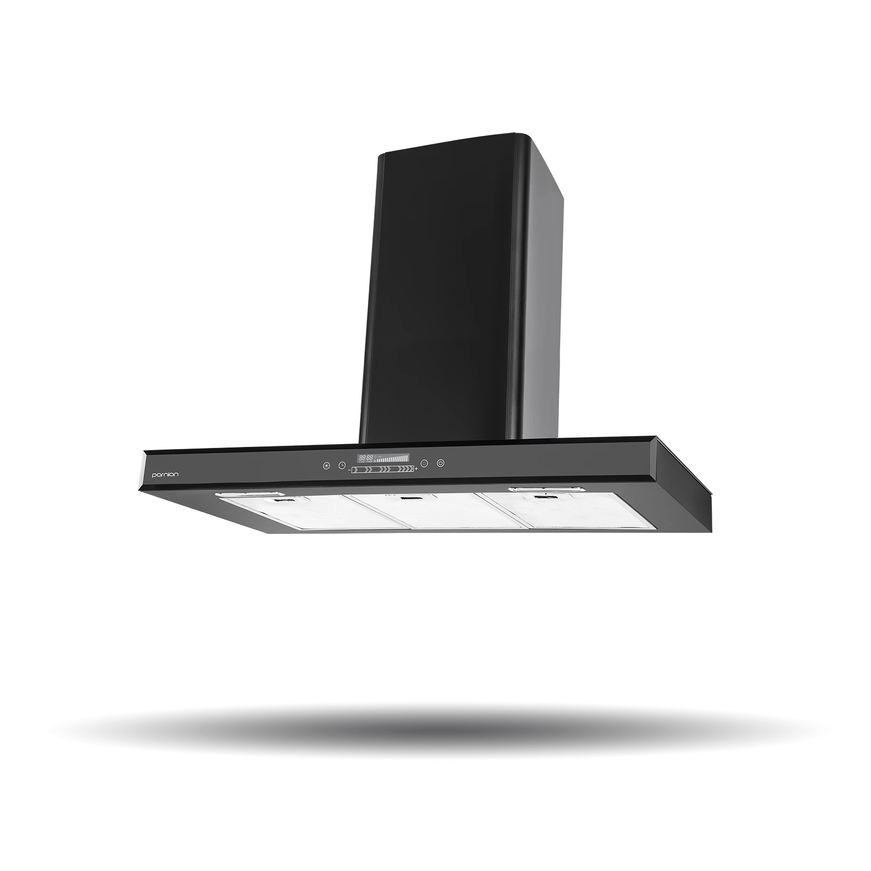 هود شومینه ای پرنیان استیل مدل PH 3901 مشکی با پنل لمسی، موتور 720 مترمکعب، فیلتر 3 لایه و سنسور هوشمند